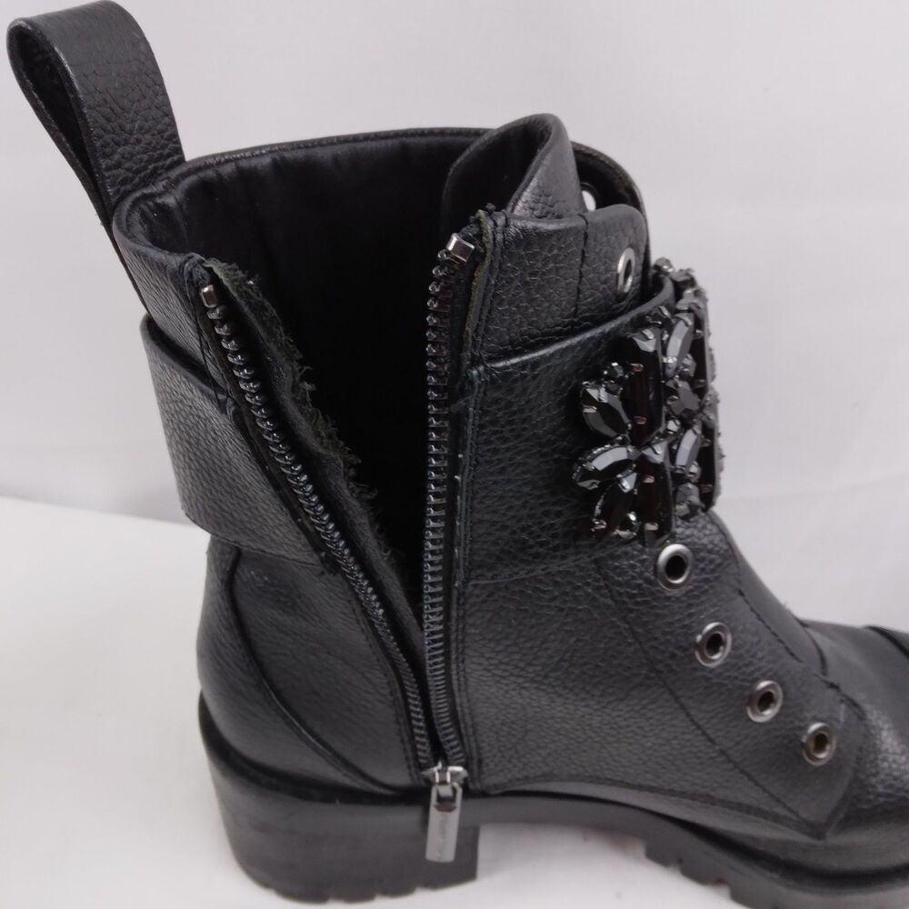 Karl Lagerfeld PIPPA Black Pebbled Leather Rhinestone Combat Boots Size 6M - Picture 14 of 16